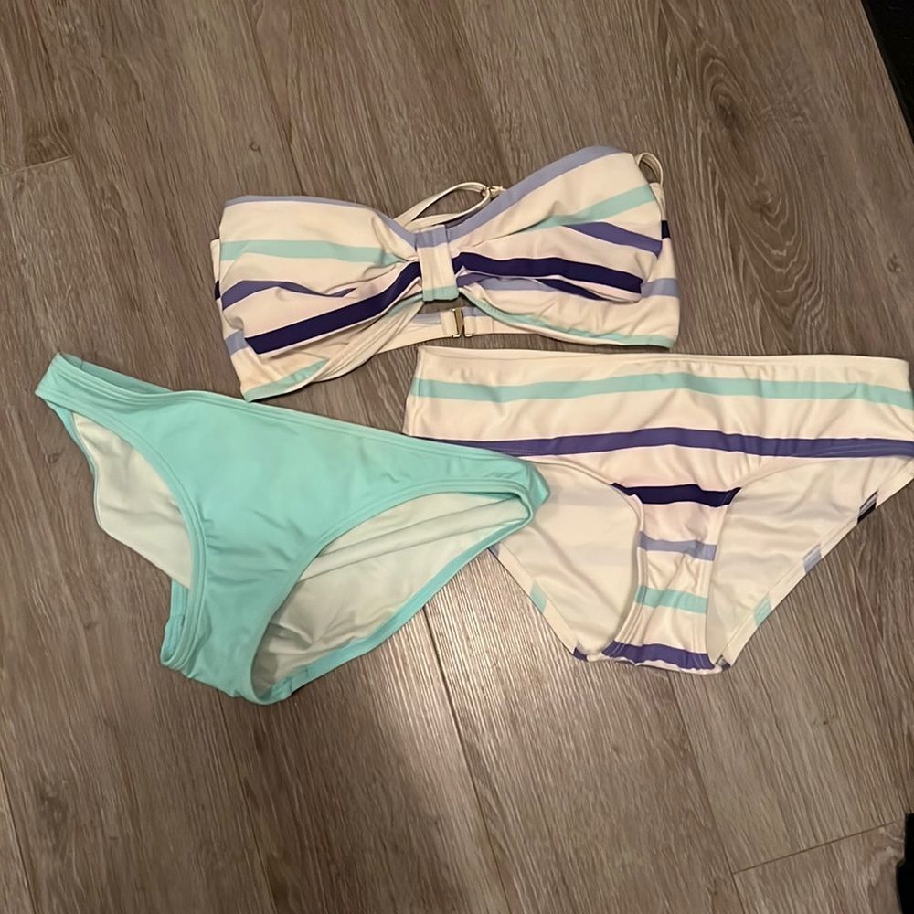 Kate spade stripe bow bikini set. Cream, purple and turquoise. 2 bottoms. Medium